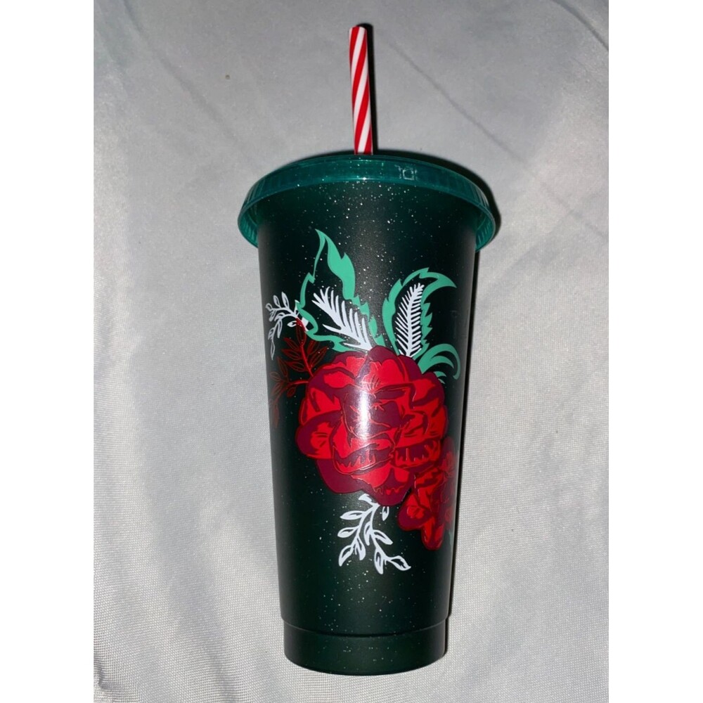Starbucks Holiday Green Red Flower Glitter Reusable Cold Cup 24 oz w/ Straw 2022